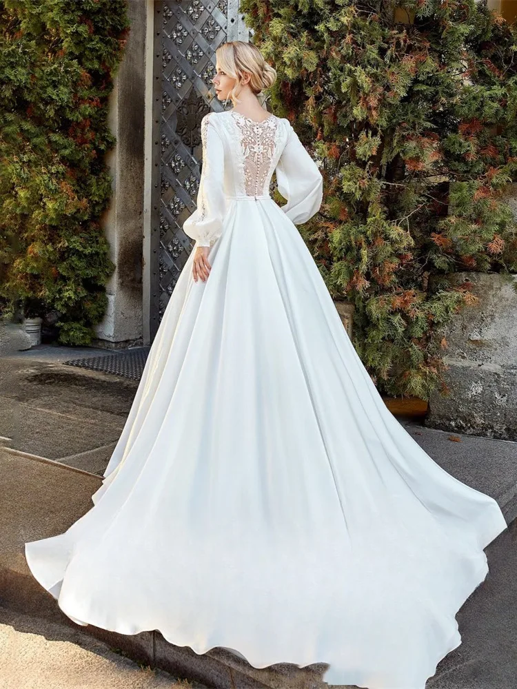 

Атласное свадебное платье принцессы трапециевидной формы с пышными рукавами и аппликациями с круглым вырезом длиной до пола, свадебные платья для женщин, Vestido De Noiva