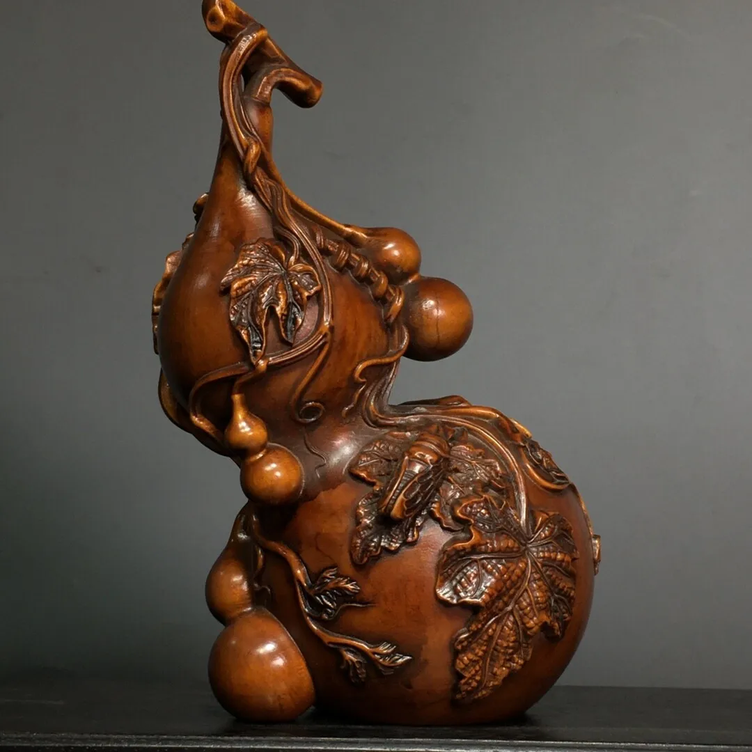 China Natural Boxwood Carved Exquisite Cicada Gourd Statue Room Decor Figurines