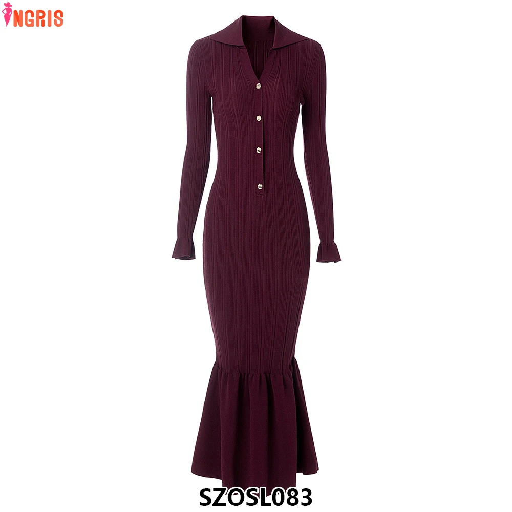 

2025 Ladies Elegant French Three-Dimensional Lapel Long Sleeve Ladies Knitted Slim Flare Maxi Dress-SZOSL083