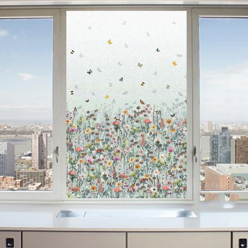 Window Privacy Film  Butterfly Flower  Decorative Glass Covering Static Cling Tint Frosted Window Stickers for Home