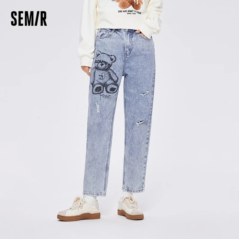 

Semir Jeans Women Blue Design Bear Trousers 2022 Autumn New Cotton Frayed Loose Tapered Demin Pants