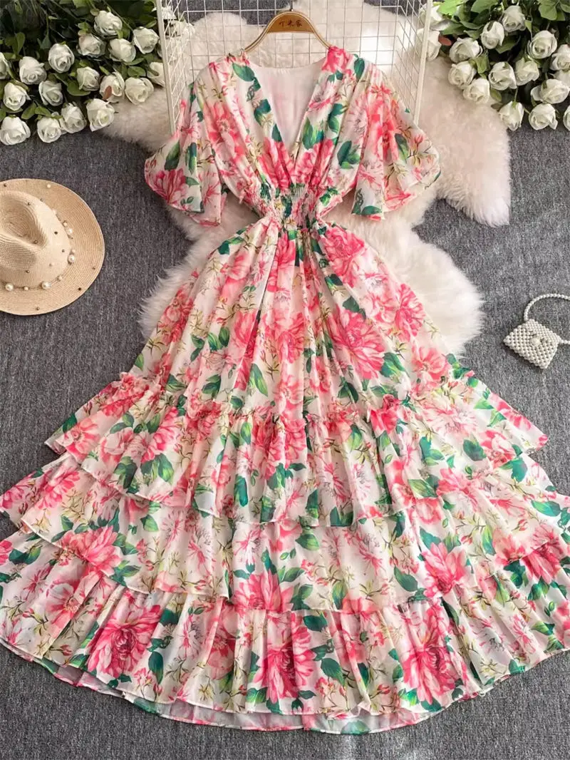 Palace Style Noble And Elegant Temperament Women's Clothing 2024 Summer Ruffled Edge Fairy Chiffon Printed Holiday Dress K1803