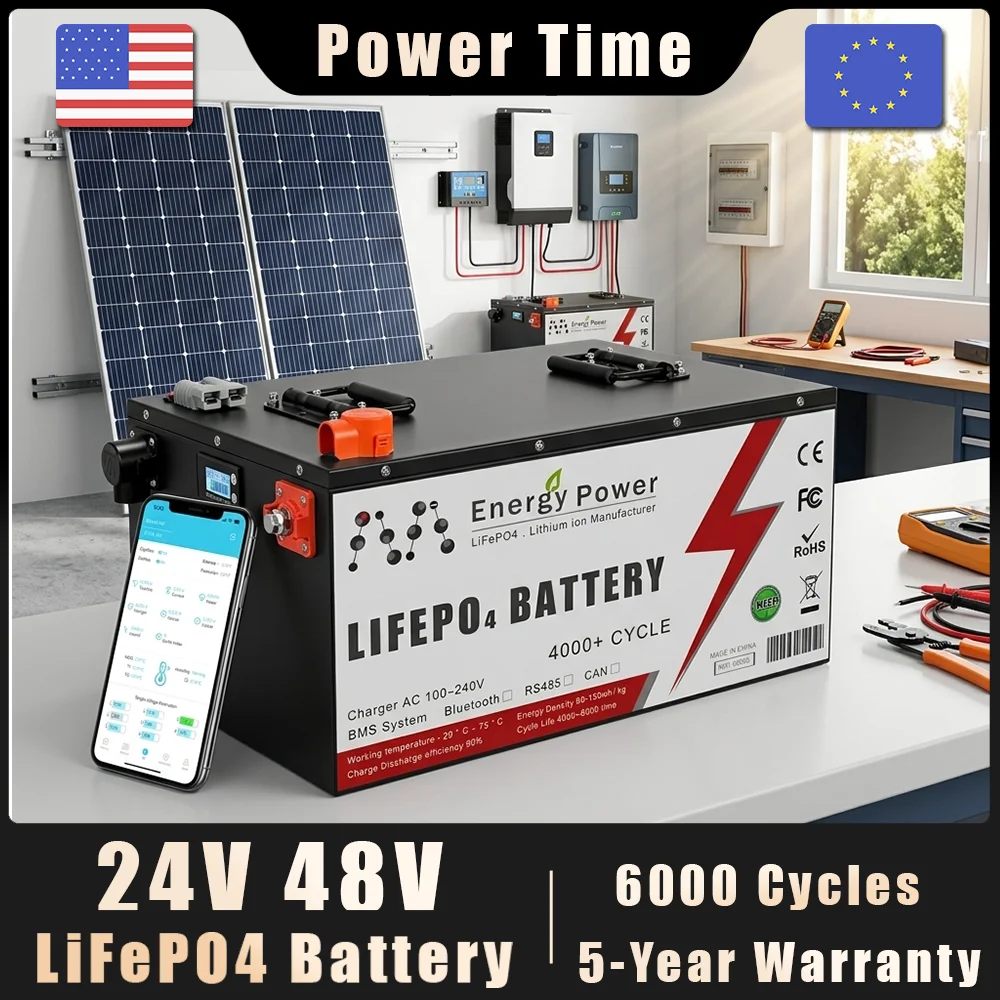 Pacco batteria LiFePO4 24V 48V 100Ah 200Ah 5KW 10KW con BMS Bluetooth, oltre 6000 cicli, batteria al litio ferro fosfato per accumulo solare domestico, inverter off-grid, camper, yacht, barca, motore