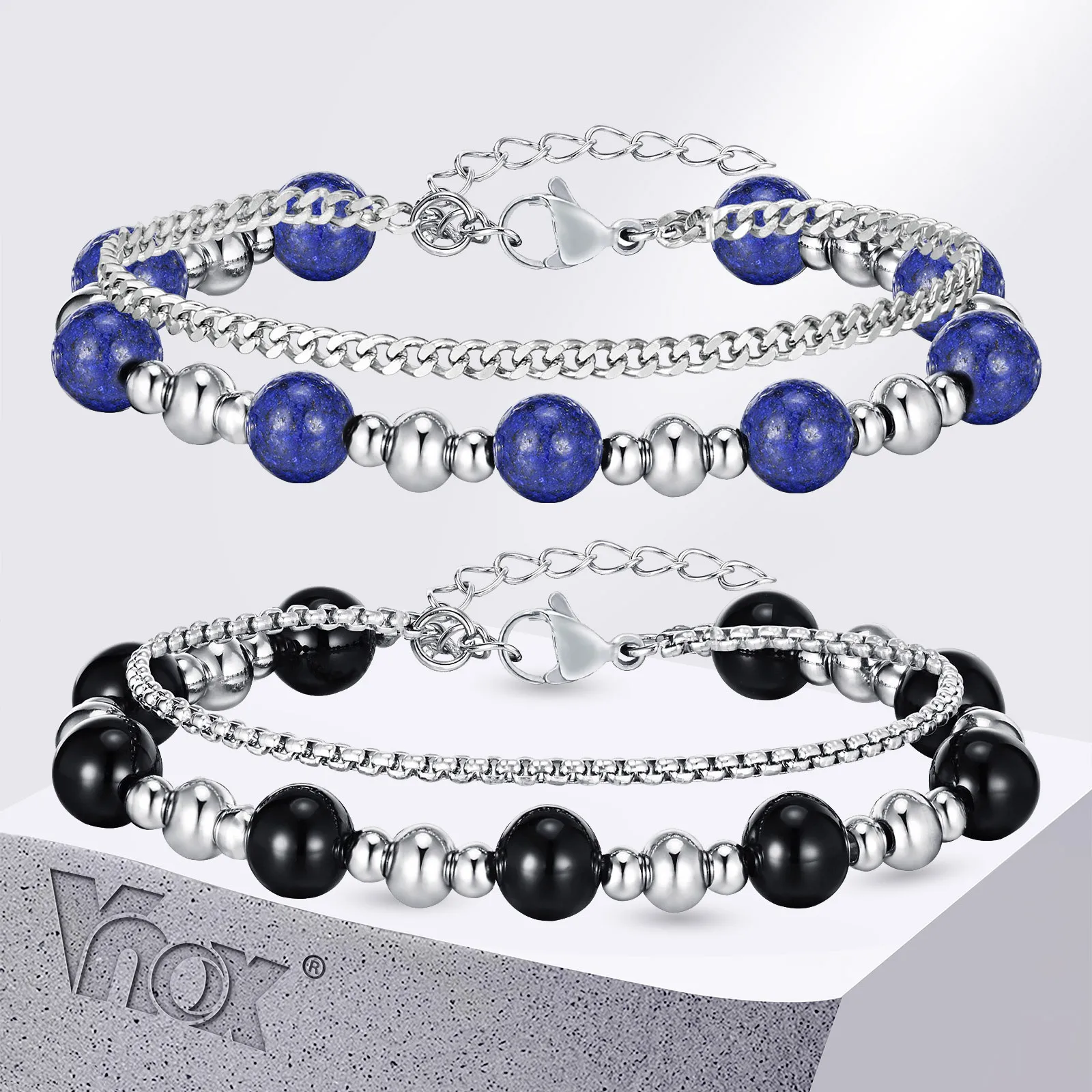 Vnox Cool Stacked Beads Chain Bracelets for Men Teens, Layered Box Cuban Links Wristband, Natural Stones Jewelry Gift