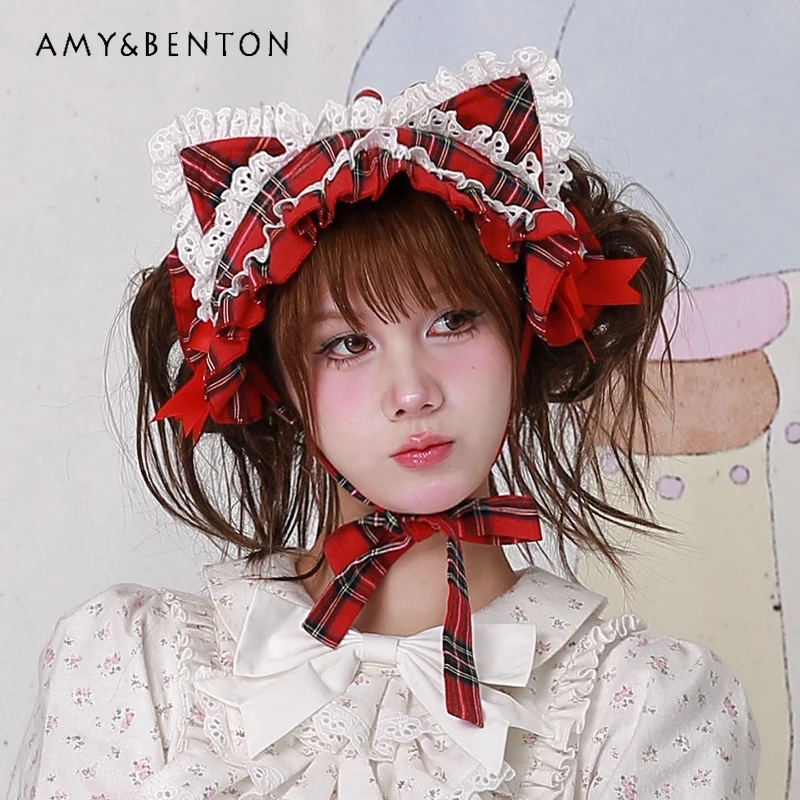 

Japanese Style Christmas Red Plaid Cute Cat Ear Headband 2025 Autumn New Design Sweet Lolita Girl Hair Accessories Hat Ladies