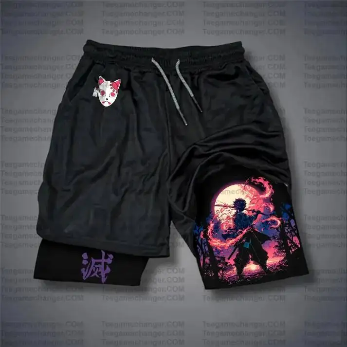 Bandai Demon Slayer Men Dual Function Running Shorts Impressão de alta qualidade Secagem rápida Respirável Armazenamento de camada dupla
