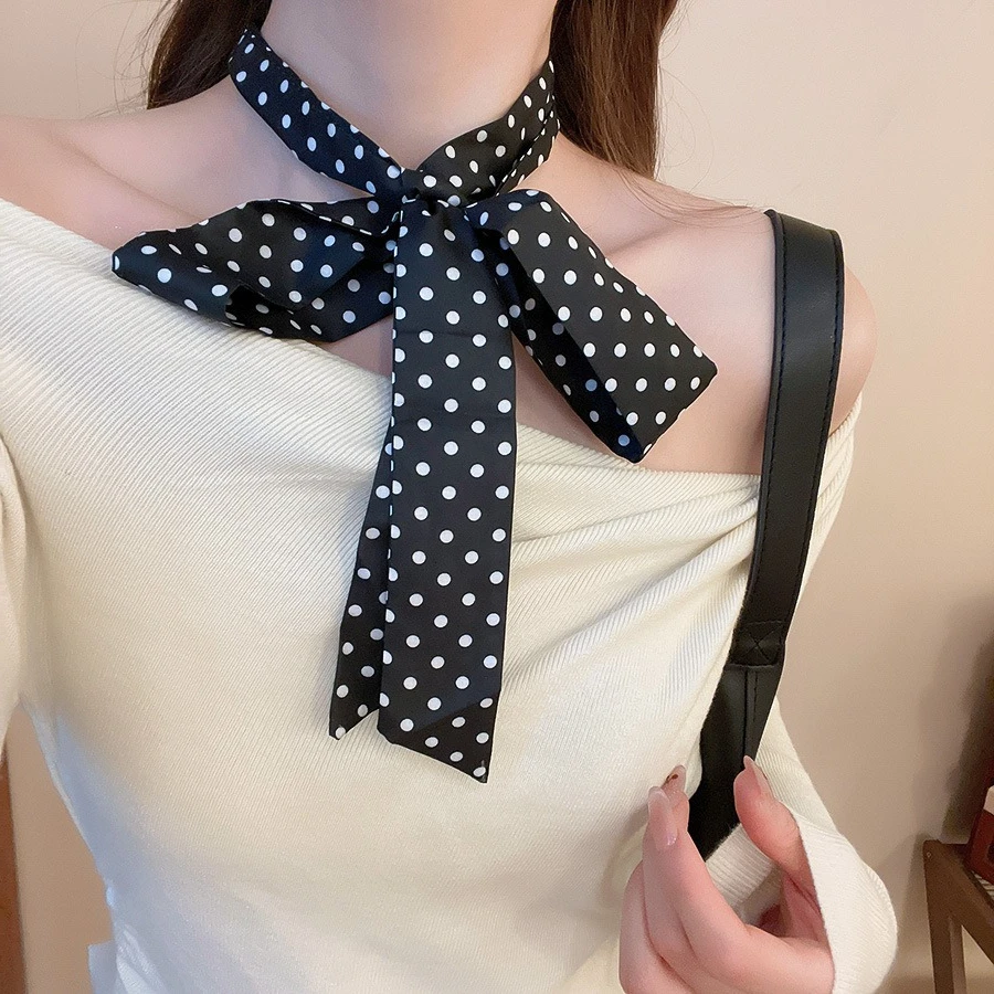 Long Black White Polka Dot Chokers Necklaces for Women Girls French Thin Soft Ribbon Neck Chain Party Formal Dress Accessories