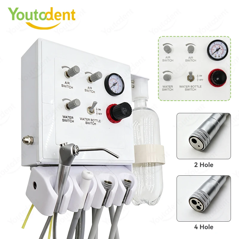 Portable Dental Air Turbine Unit Wall Mount with 3 Way Syringe &Weak Suction, Foot Pedal Control 2/4 Holes Dental Unit