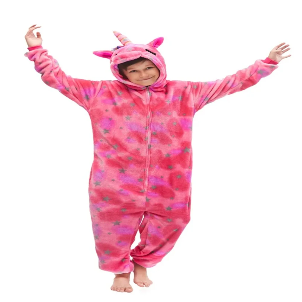 Children Cartoon Animal Jumpsuits Kigurumi Kids Winter Flannel Unicorn Tiger Lion Onesies Pijamas Girls Boys One-piece Sleepwear