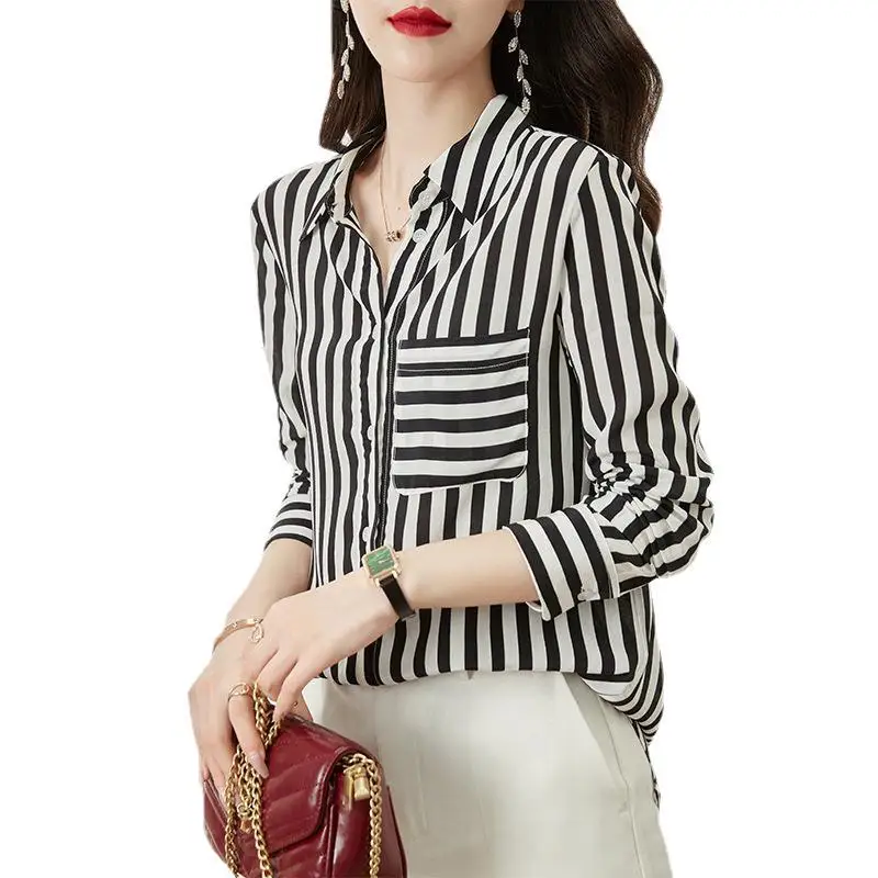 Striped Silk Shirt Women Silk Blouse In Early Spring 2024 Summer New Silk Shirt Mulberry Silk Shirt OL Style