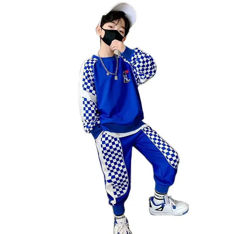 

Fashion Boys Clothes Autumn Suit Spring Checkerboard Patchwork Casual Hoodies + Sweatpants 2pcs Teens Spaceman Print Set 4-14 Y