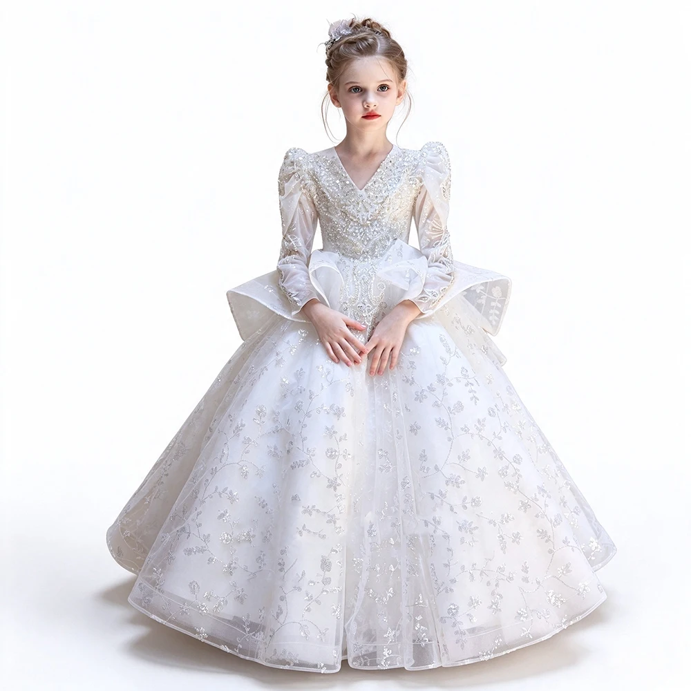 High End Girls Pageant Evening Wedding Party Dress Translucent Puffy Long Sleeve Tulle Ruffle Princess Kids Prom Birthday Gown