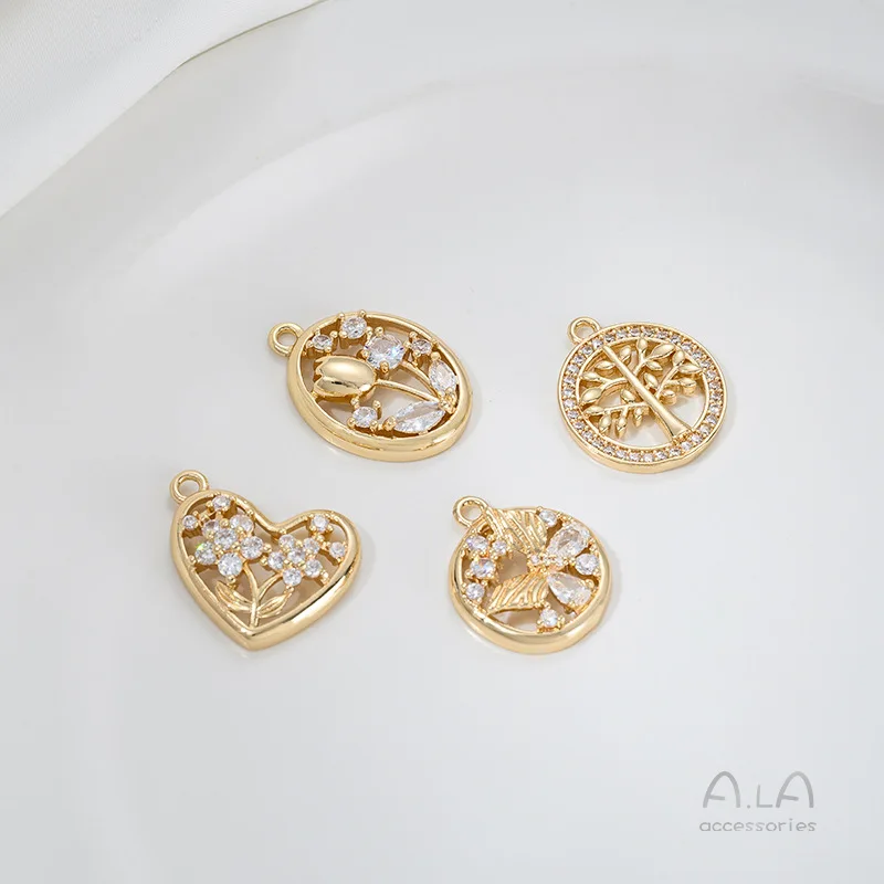 

Electroplated 14K Bag Real Gold Inlaid Zircon Whale Tail Starfish Tree Of Life Tulip Pendant DIY Bracelet Necklace Pendant