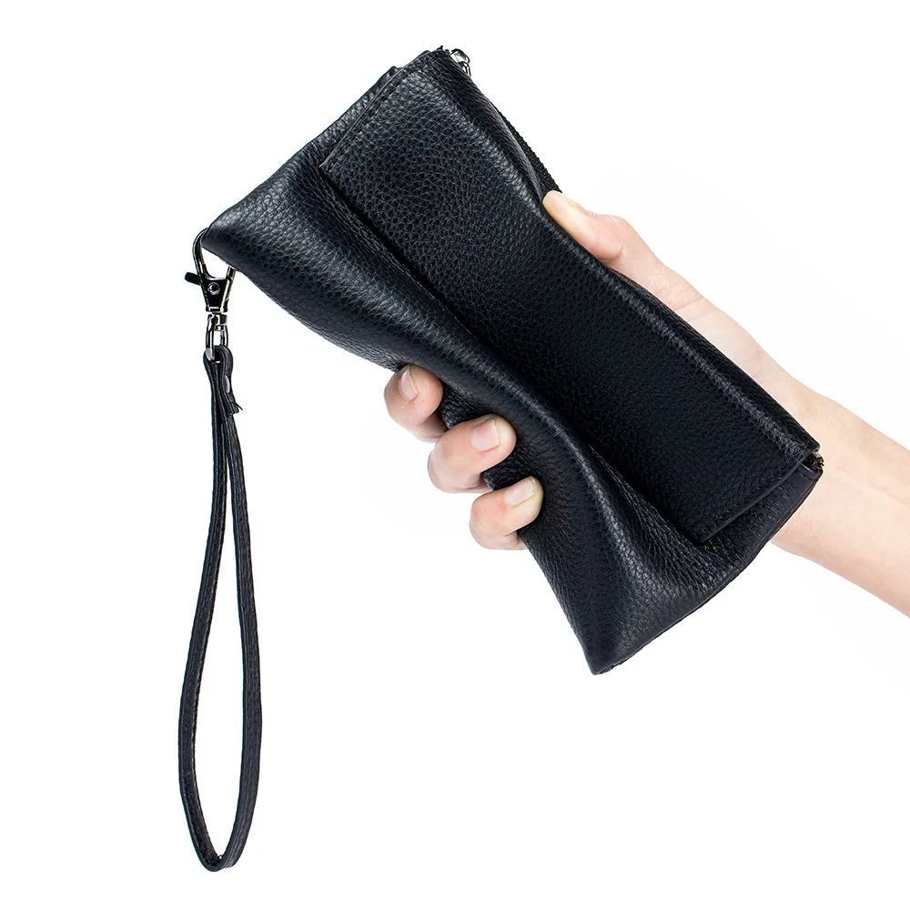 Coin Purse Ladies Multifunctional Soft Genuine Leather Long Wallet Cowhide Card Holder Phone Pocket Wristlet Strap Clutch Purses