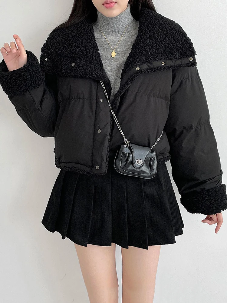 

Plush Lamb Warm Jacket for Women Fashion Patchwork Double Sided Wear Crop Coats Y2K Streetwear Loose Lapel Solid Outwear New