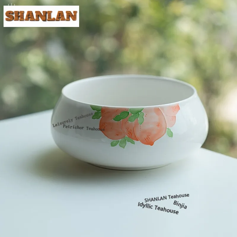 1000ml Hand Painted Peach White Porcelain Tea Cup Wash Tea Residue Bucket Tea Garbage Can Household Chaxi Gift Supplies Craft