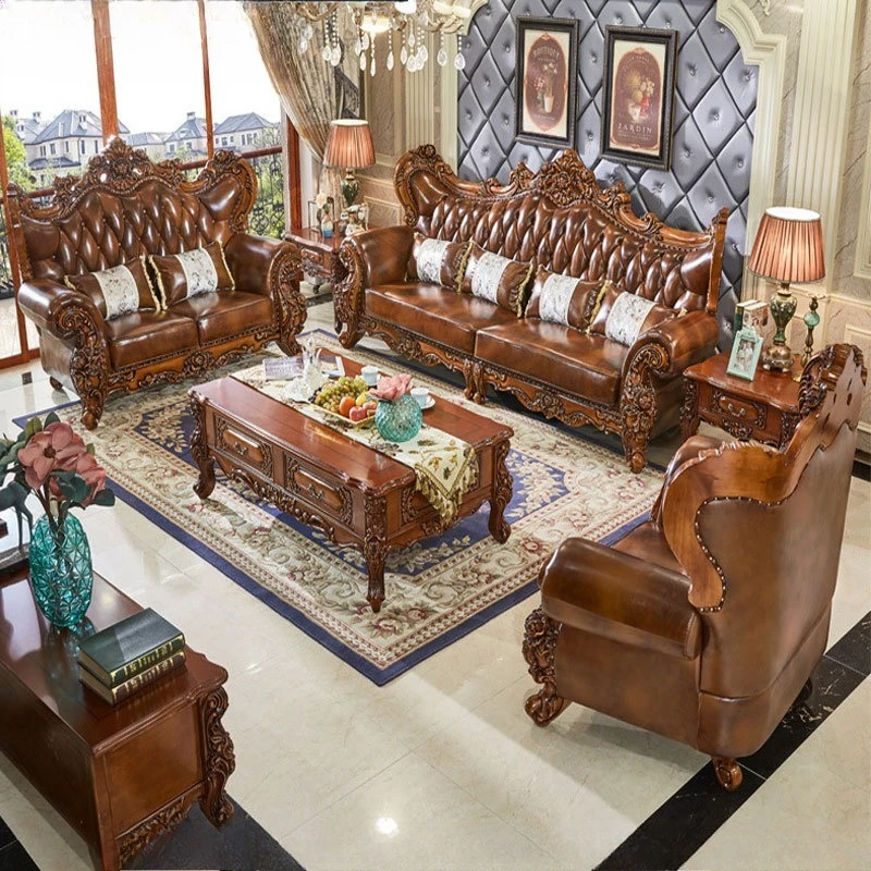 European-style genuine leather solid wood carved sofa combination vintage villa luxury high-end dark living room furniture
