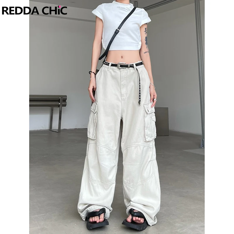 REDDACHiC Function Pockets Women Cargo Pants Solid High Rise Wide Leg Sweatpants Retro Y2k Hiphop Trousers Loose Casual Workwear