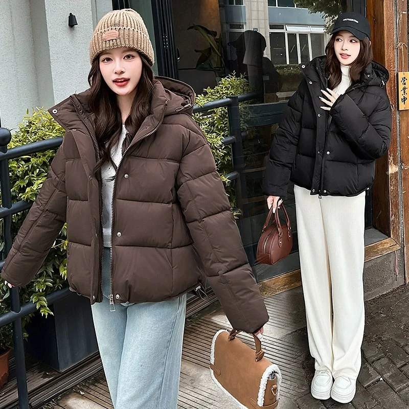 2025 nuevo Parkas cortas de invierno para mujer, abrigo de algodón a la moda coreana para mujer, abrigo informal cálido con capucha para mujer, abrigo para nieve
