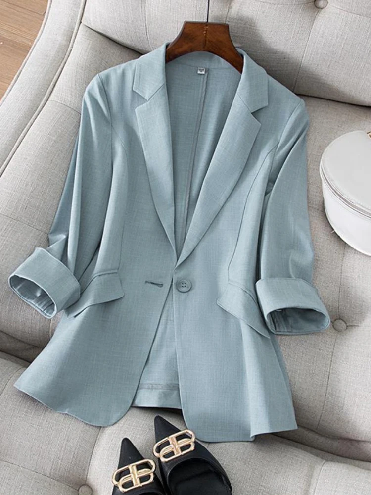 Summer Thin Trendy Blazer Casual 2024 Office Lady's Slim Elegant Shirt Single Button Pocket Women's Jacket All-Match Suit Coat