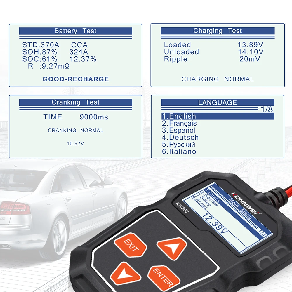 KONNWEI KW208 Car Battery Tester 12V 100 to 2000CCA Cranking Charging Circut Tester Battery Analyzer Battery Tools Lead  Acid