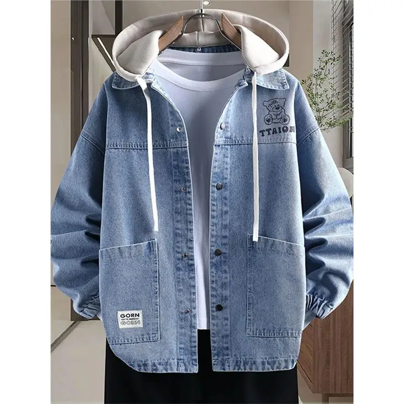 

Detachable Cap Denim Jaet Men's Spring Autumn Sle American Retro Jaet Trendy Brand Teenage Fake Two-Piece Upper Apparel