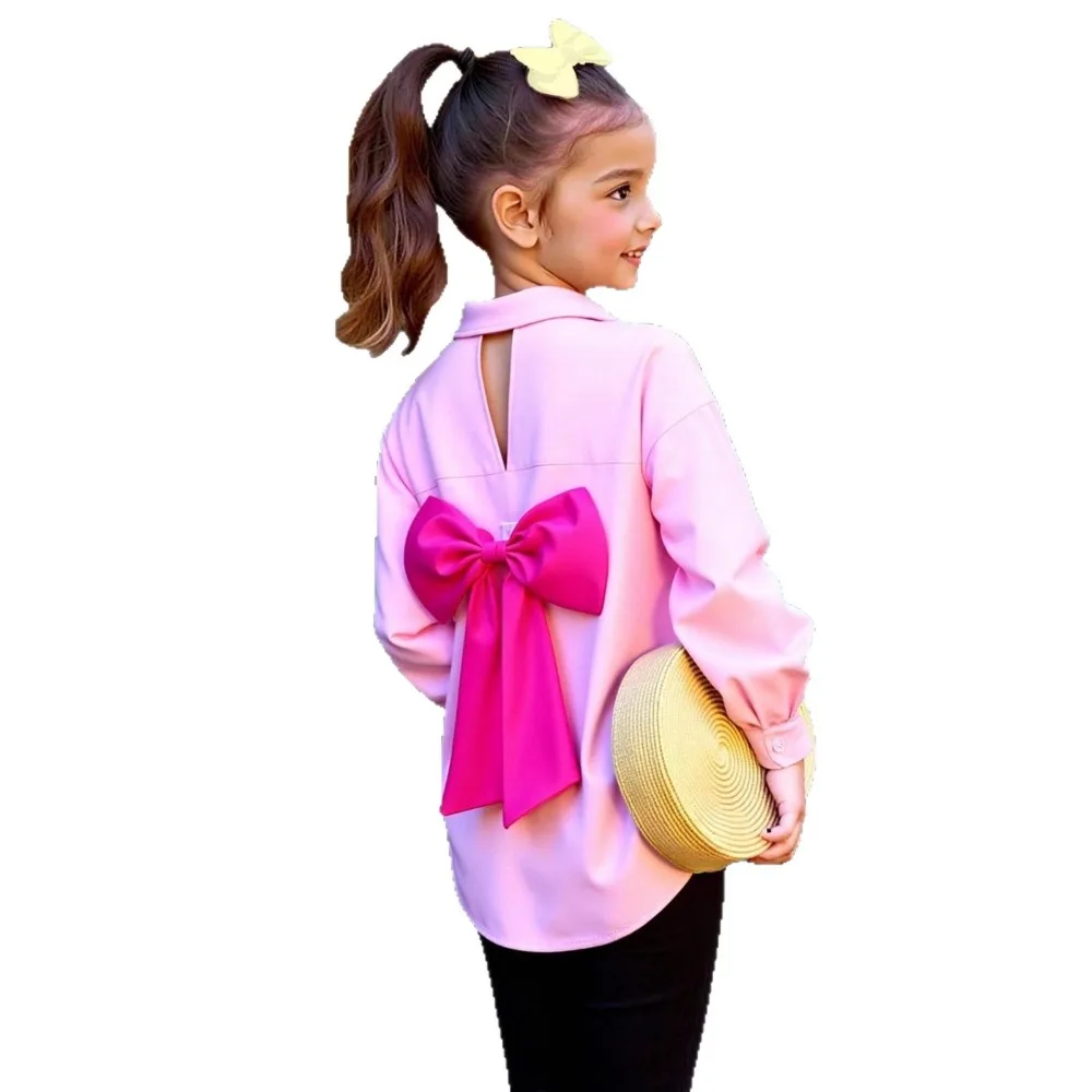 Sweet Style Girls Long Sleeve Shirt Big Bow Embellished Back Hollow Out Lapel Loose Drop Shoulder Button Casual Blouse