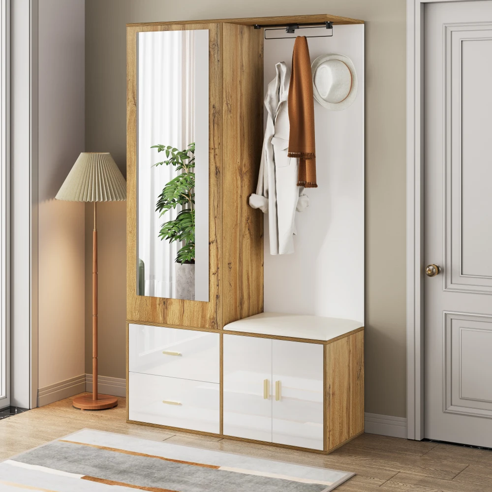 PINGGO Edles Garderoben-Set mit Spiegel, Schuhschrank, Schuhbank mit Haken, ausziehbarer Kleiderstange in Weiß und Holzfarben – Detail 9