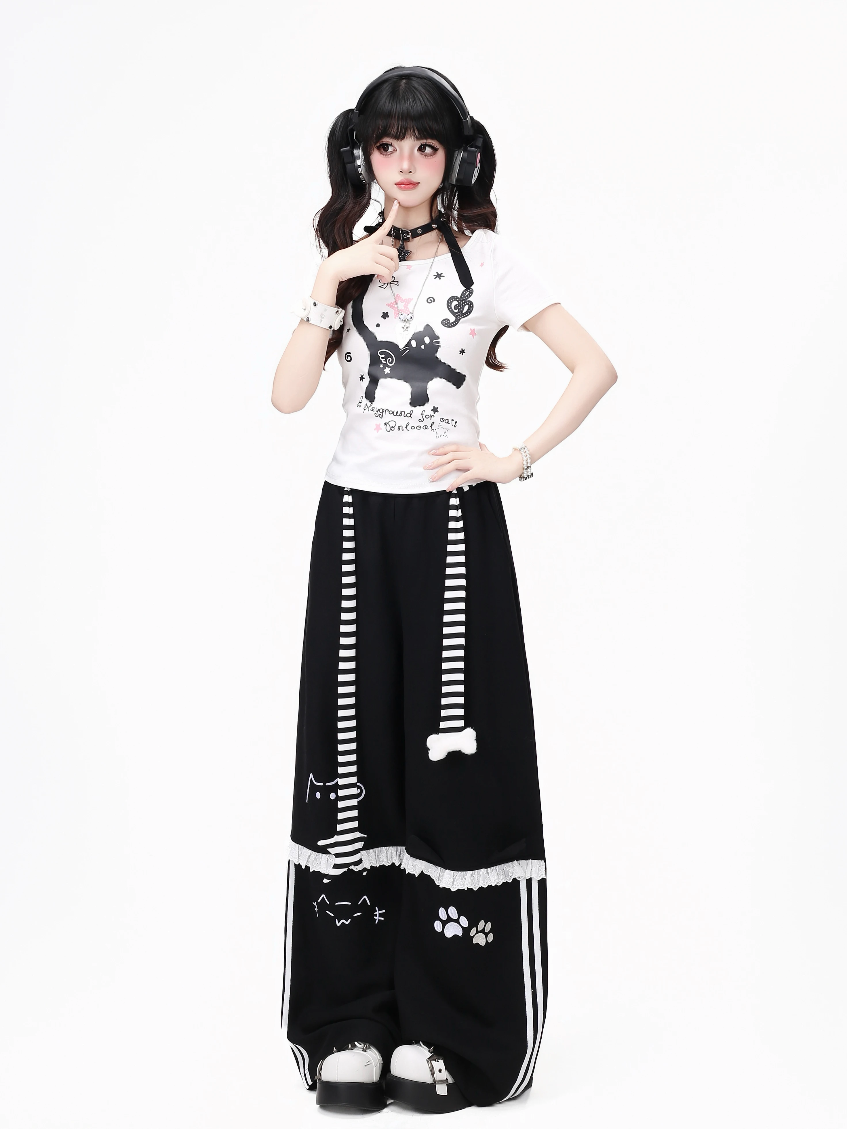Crazygirl Original Embroidered Lace High Waist Loose Casual Long Pants Autumn Straight Leg Pants for Girls Students