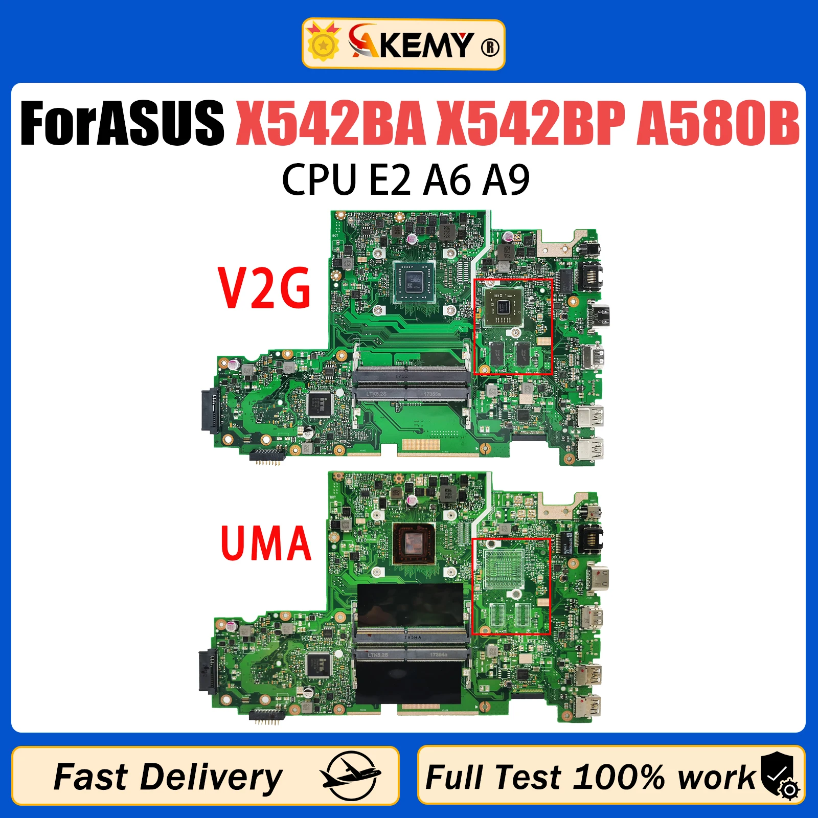 

AKEMY X542BP Laptop Motherboard E2-9000 A9-9420 for ASUS X542B A580B K580B X542BA Notebook Motherboard Mainboard