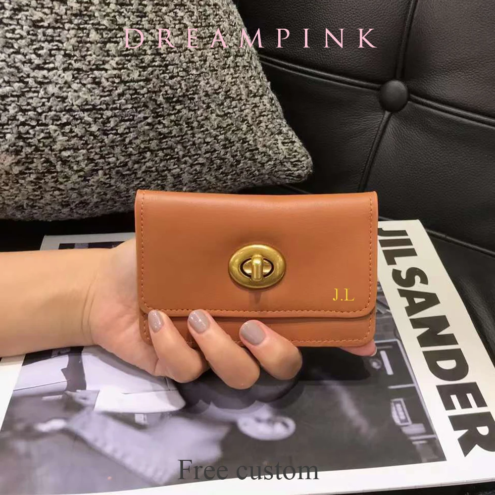 

Retro Genuine Leather Credit Card Holder Luxury Fashion Custom Initials Slim Women Wallet Engrave Letters Lock Flap Mini Purse