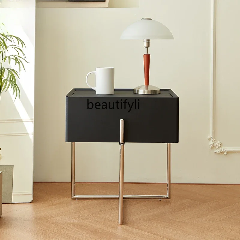 

Modern simple solid wood black leather bedside table medium antique stainless steel bedside table bedroom removable locker