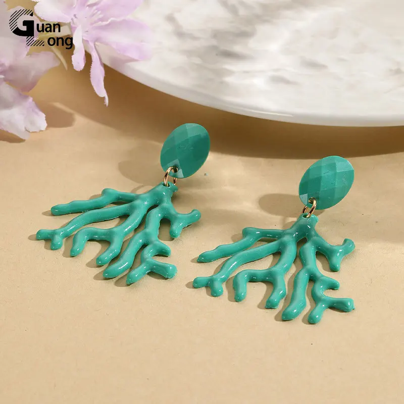 GuanLong Korean Colorful Resin Coral Big Dangle Earrings For Women Long Ins Drop Earring Girls Summer Party Gift Fashion Brincos