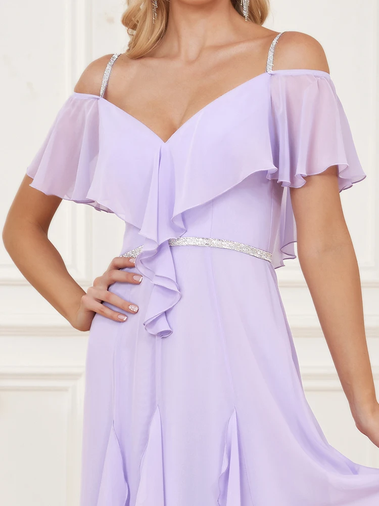 XUIBOL-elegante vestido de chiffon com decote em v para mulheres, babado a linha, vestido longo para casamento, dama de honra, novo, 2024