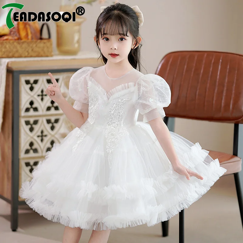 3-10Y Summer Kids Dress For Girls Mesh Emboridery Prints Lace Puff Short-Sleeve Flower Children Formal Wedding Princess Dresses