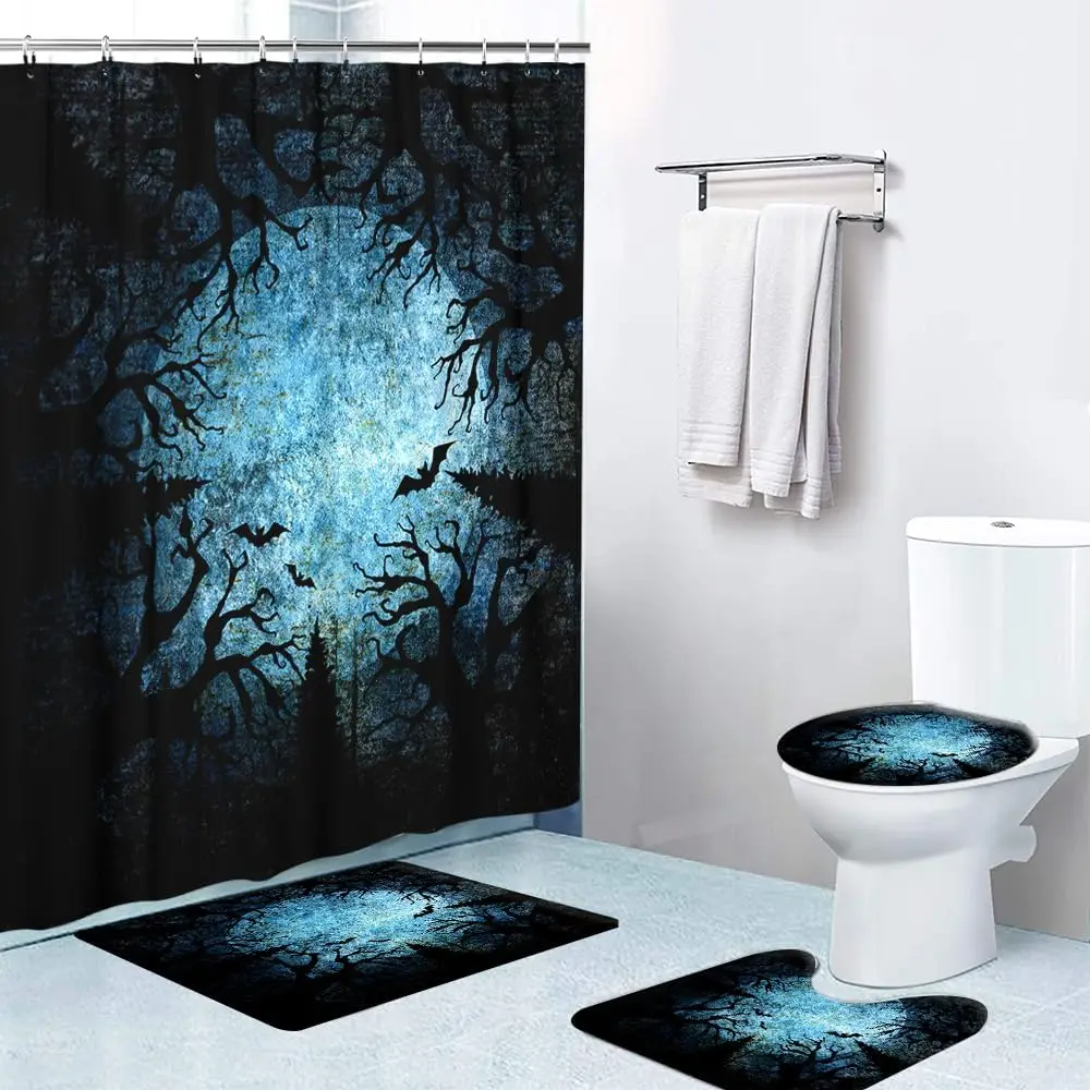 

LOKMU 4 Pcs Shower Curtain Sets with Non-Slip Rugs,Toilet Lid Cover and Bath Mat, Bats and Dead Trees with Full Moon Waterproof