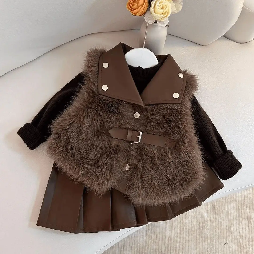 Elegance Autumn Winter Childent Warm Girls Artificial fur Thick Vest Waistcoat+Sweater +Pleated Skirt 3Pcs Cotton Suits Party Cl