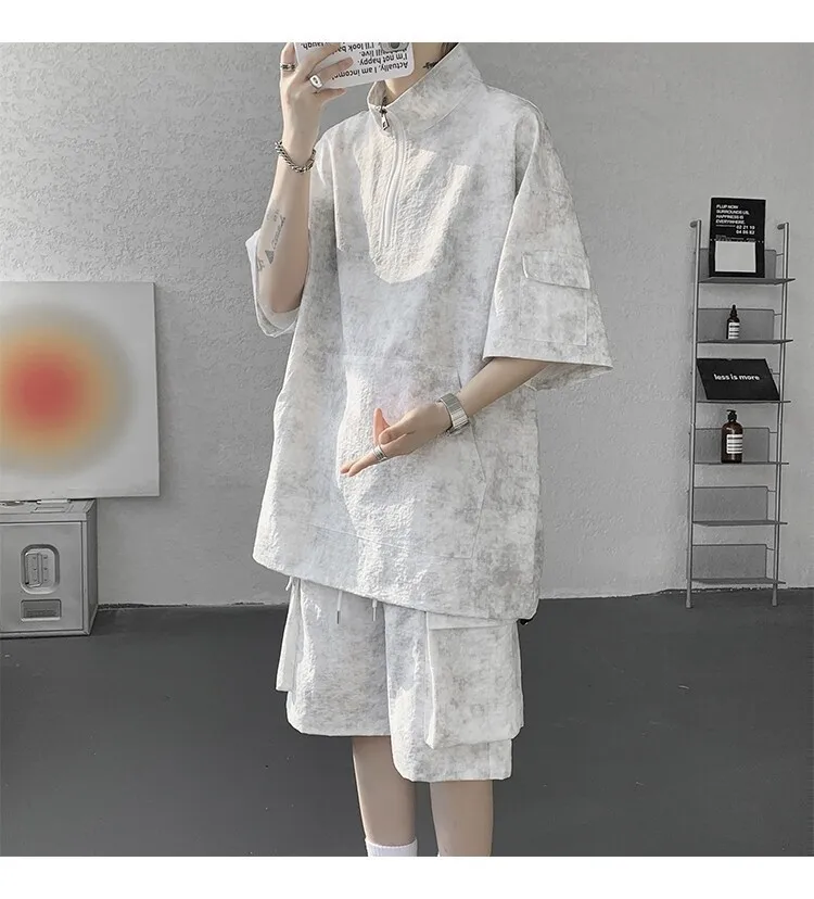 2026 Sommer Hong Kong Style Halb-Reißverschluss-Färbe-Set aus Eisseide mit Kühlfunktion, zweiteiliges Sportswear-Outfit im Hanfu-Stil mit kurzen Ärmeln – Detail 11