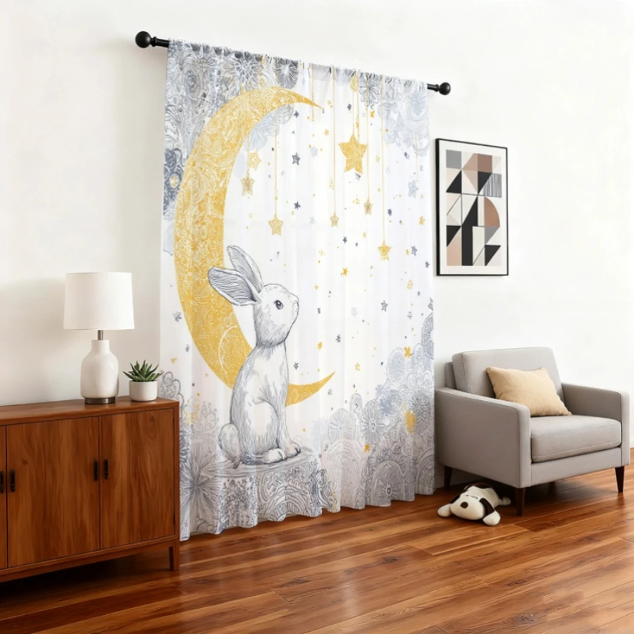 2PCS Digital Print Sheer Curtains, Golden Moon Rabbit Bunny, Mid-Autumn Festival Cute for Bedroom Living Room Home Decor