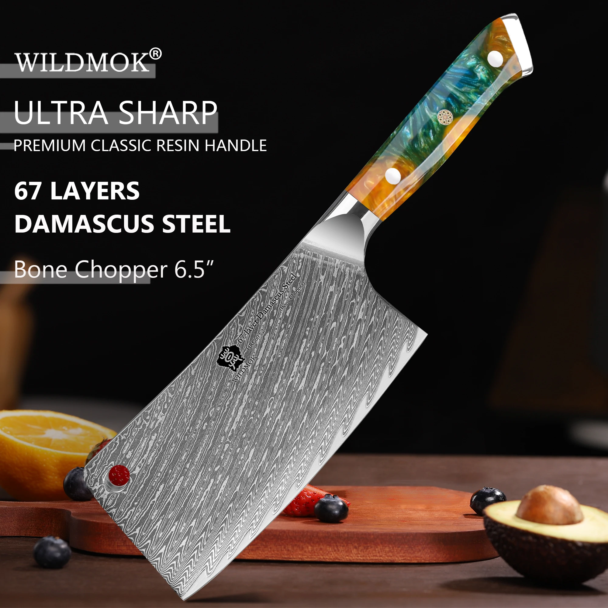 WILDMOK 6.5 Inch Heavy Duty Finely Polished Kitchen Knife, 67 Layer Damascus VG10 Steel Bone Chopper Knife with Resin Handle
