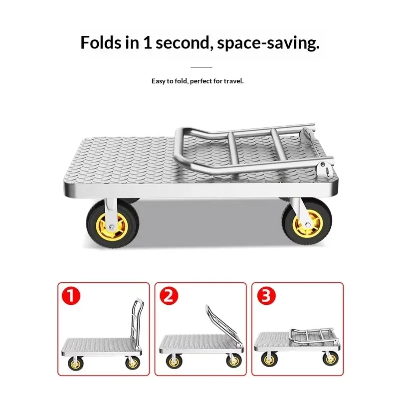 Foldable Heavy Duty Steel Trolley 500kg Load Bearing Platform Cart Industrial Hand Truck Warehouse Dolly for Moving Goods