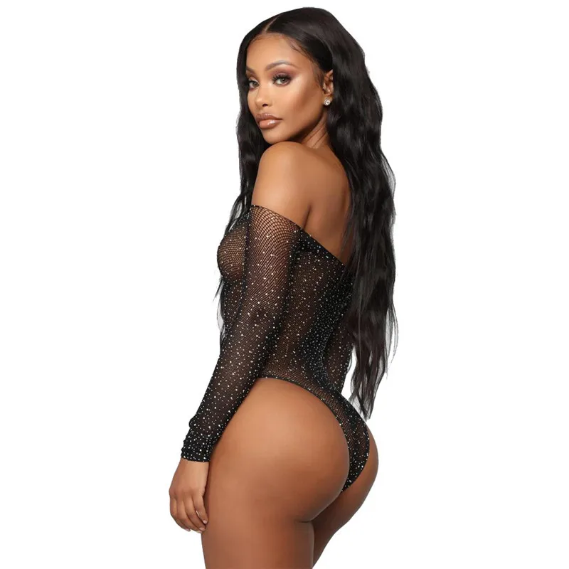 Fishnet Body Sexy Lingerie Bodysuit Rhinestone Off Shoulder Sexy Underwear Women Mesh Fish Net Slim Babydoll Catsuit Leotard Top