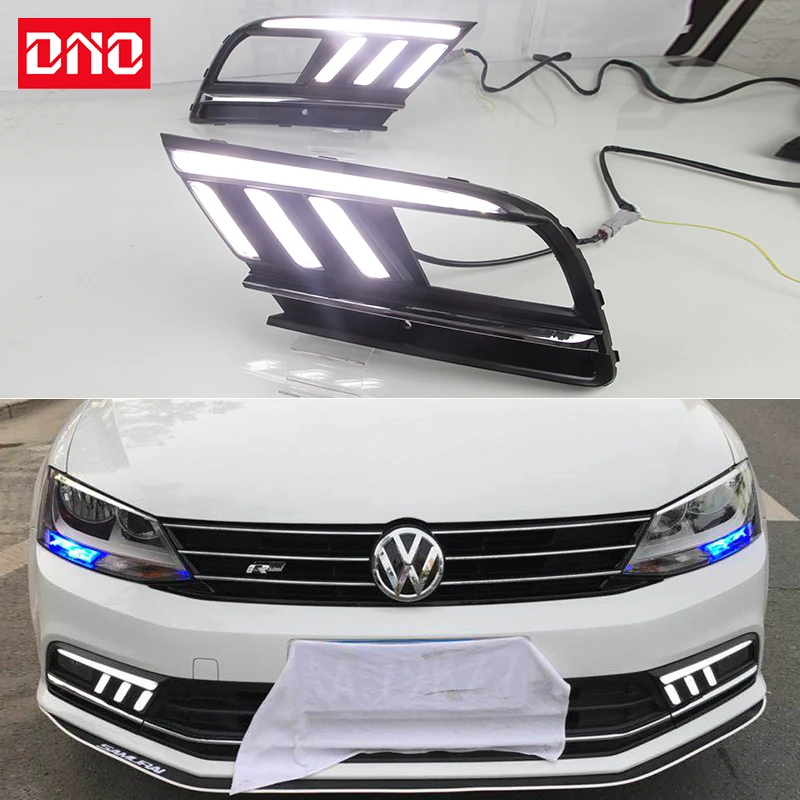 Car LED 12V Daytime Running Lights For Volkswagen VW Jetta 2016 - 2018 Yellow Turn Signal Night Blue Running Lamps Car Headlamps