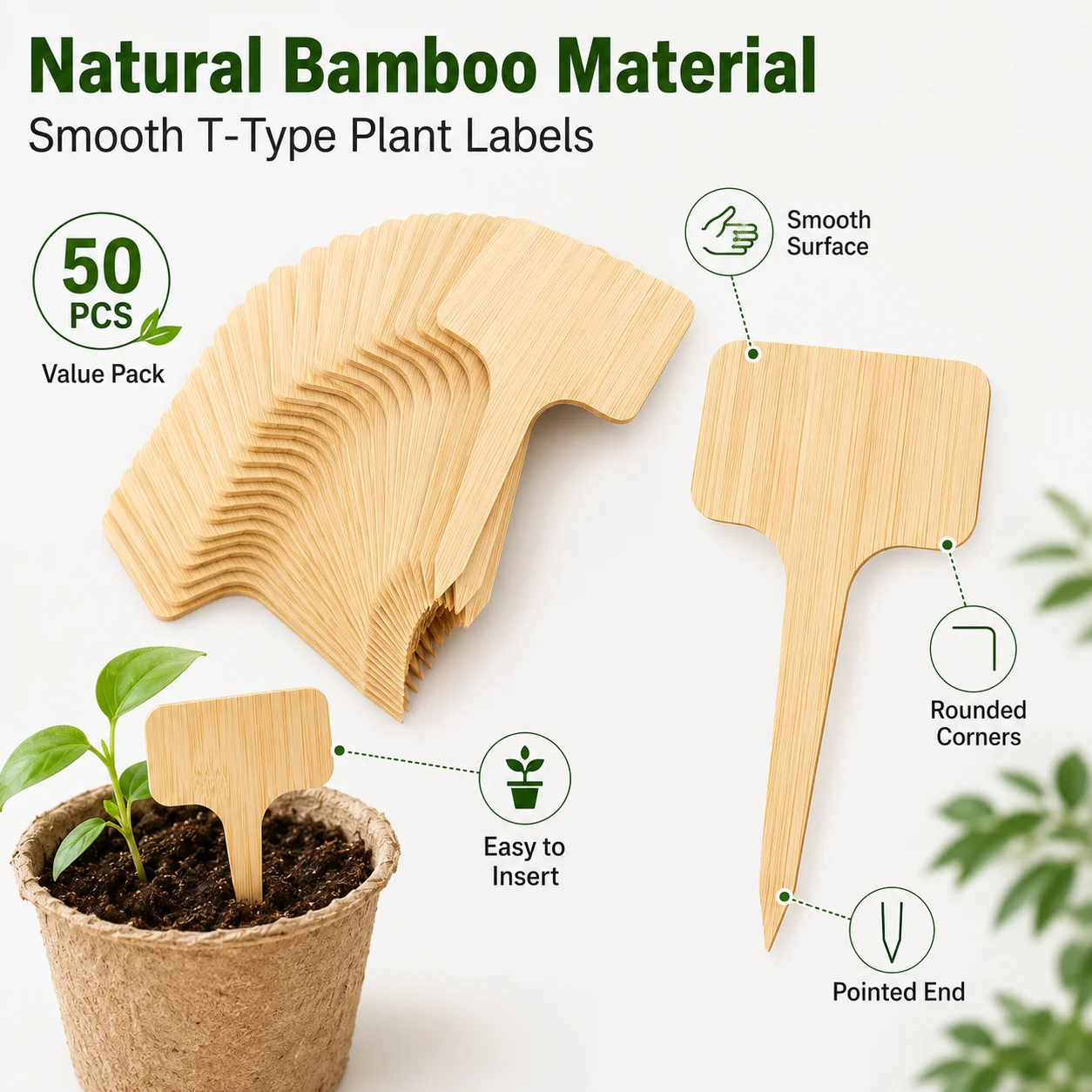 50PCS Bamboo Plant Labels T Type Garden Markers Wooden Seedling Tags for Indoor Outdoor Vegetables Flowers