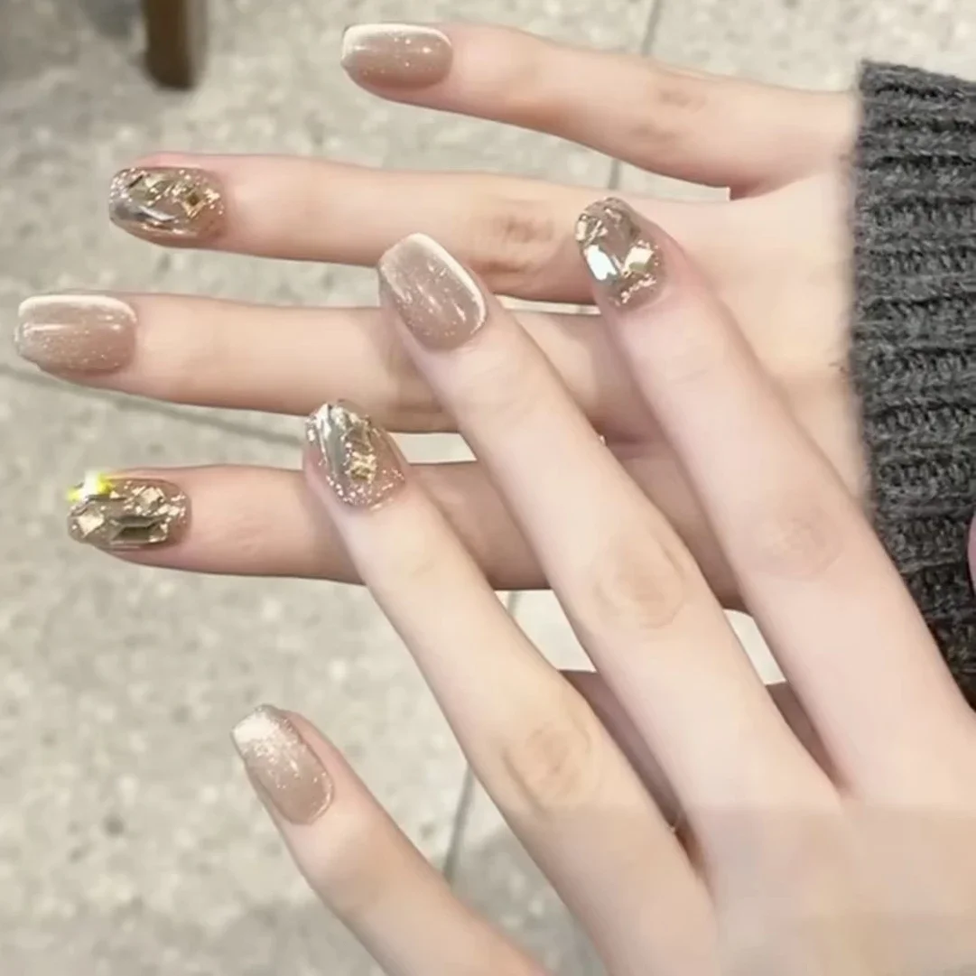 Brillo en polvo, perla de diamantes de imitación, cristal japonés coreano, uñas postizas cuadradas cortas, arte, abalorio para uñas postizas, punta, prensa en uñas, manicura