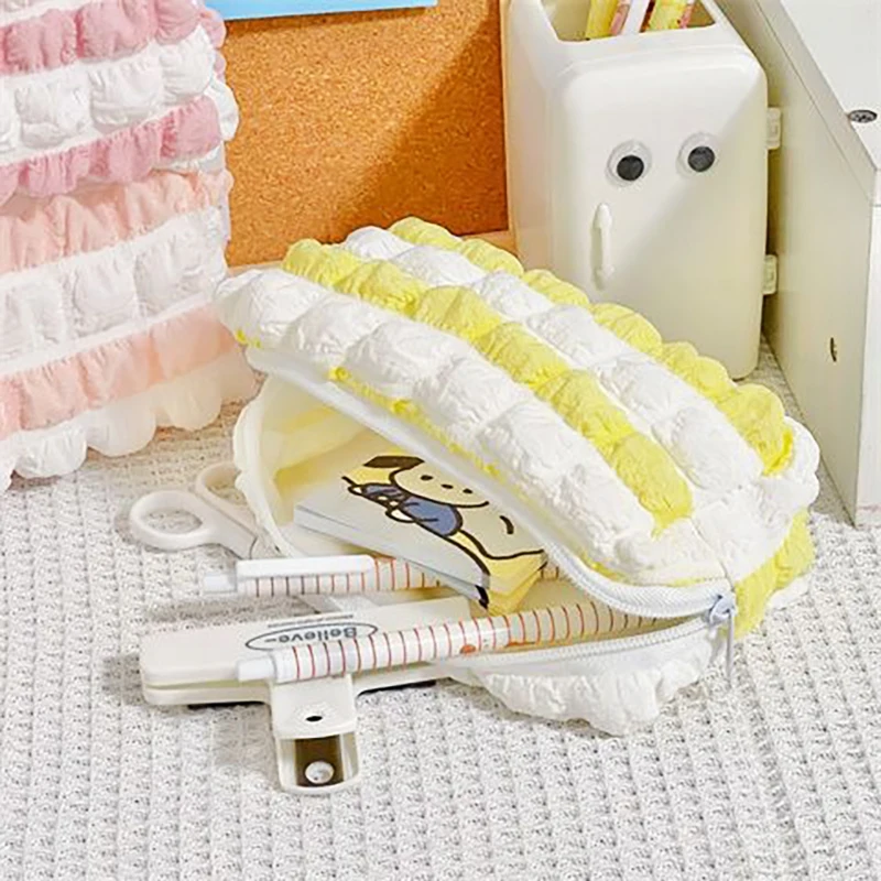 Cream Puff Pencil Bag Ins Girly Heart Pleated Color Matching Striped Storage Bag Student Large Capacity Stationery Pouch New