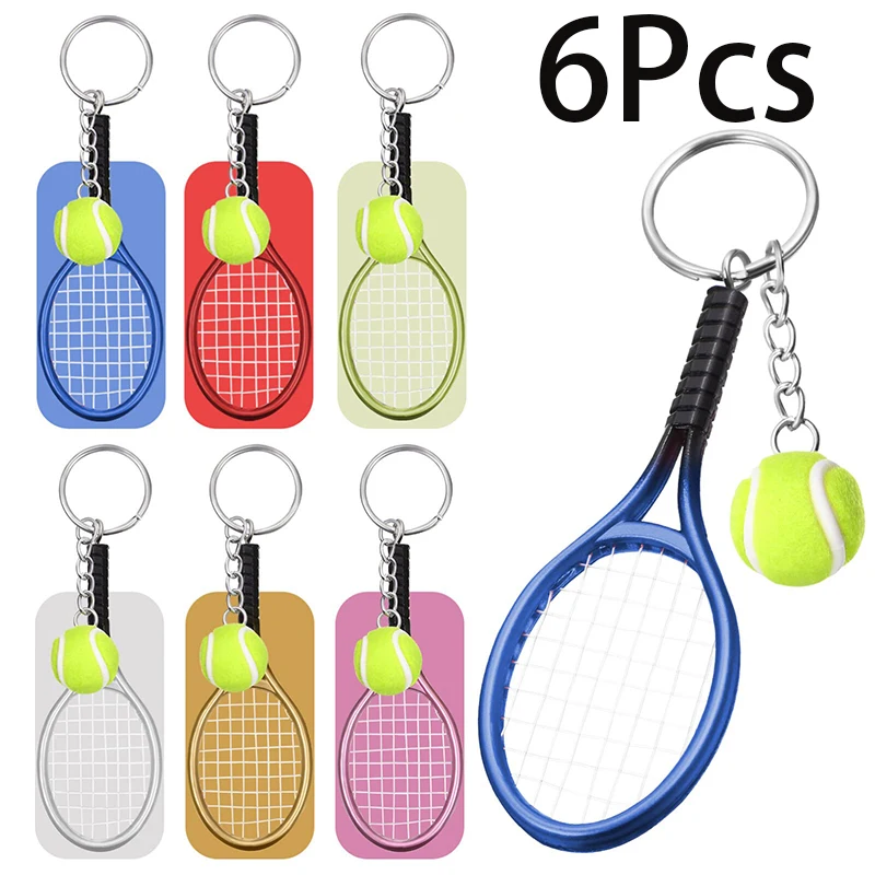 6Pcs Mini Tennis Racket with Ball Keychain Key Ring