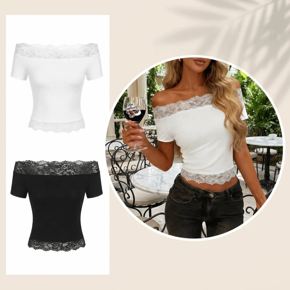 Off Shoulder Neckline Women Crop Top Lace Hem Trim Short Sleeves Lace Trim Shirt Slim Fit Body Hugging Off Shoulder Top