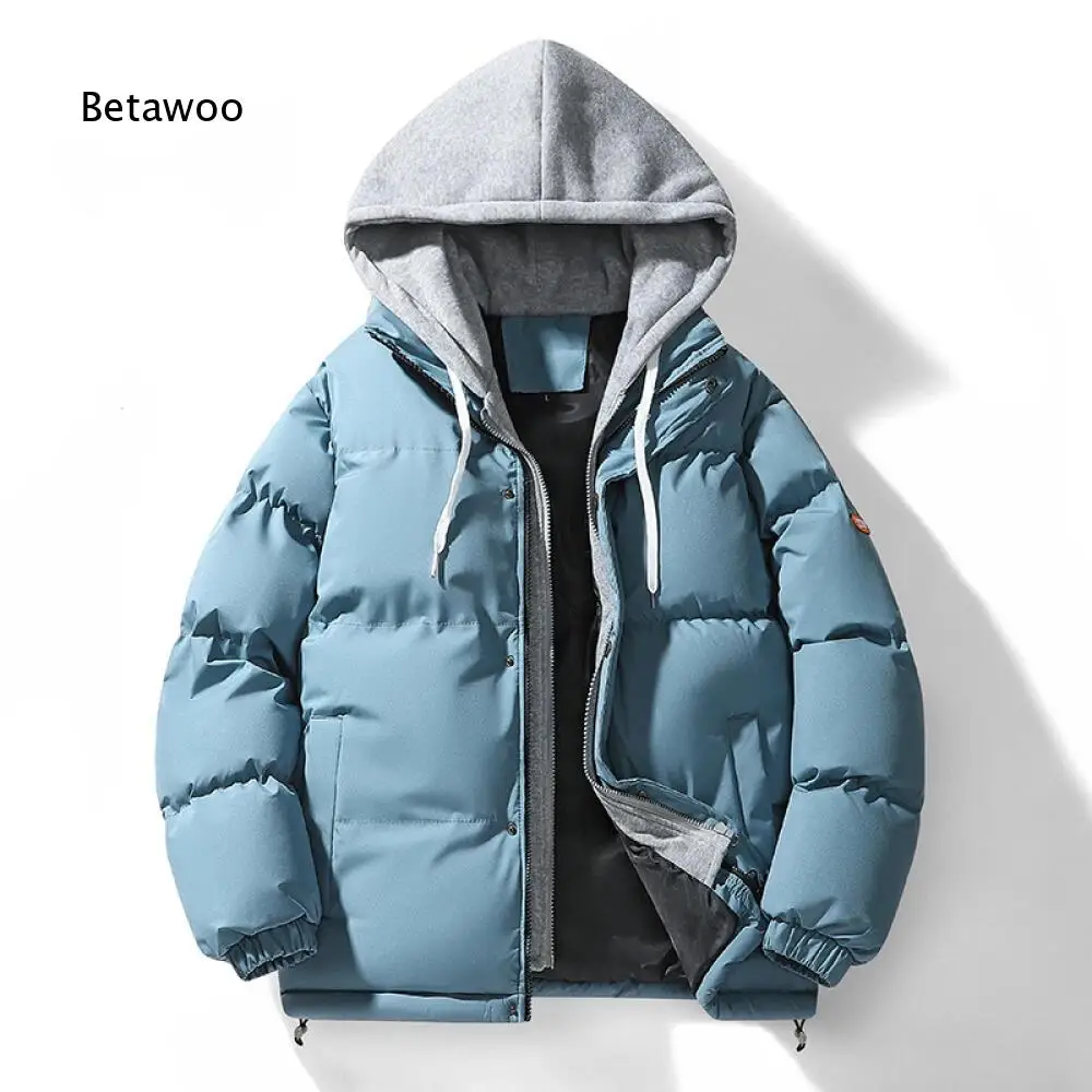 Thick Warm Winter Puffer Jacket For Men Fake Two Piece Hooded Design Casual Zip Up Padded Outerwear For Daily Outdoor Scenes