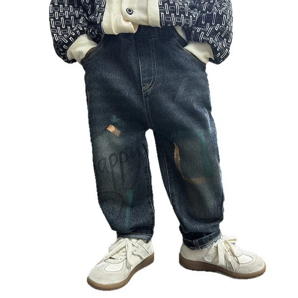

Джинсы для маленьких мальчиков от 2 до 10 лет, весенне-осенние новые модные джинсовые штаны с рисунком для мальчиков, детские повседневные прямые штаны